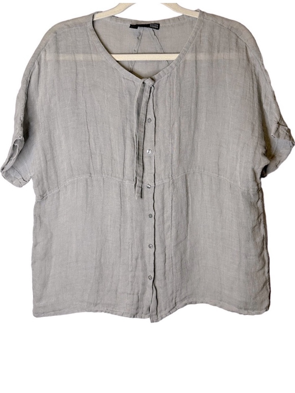 Eileen Fisher Italian Linen Button Front Tie Neck Short Sleeve Blouse Coastal M